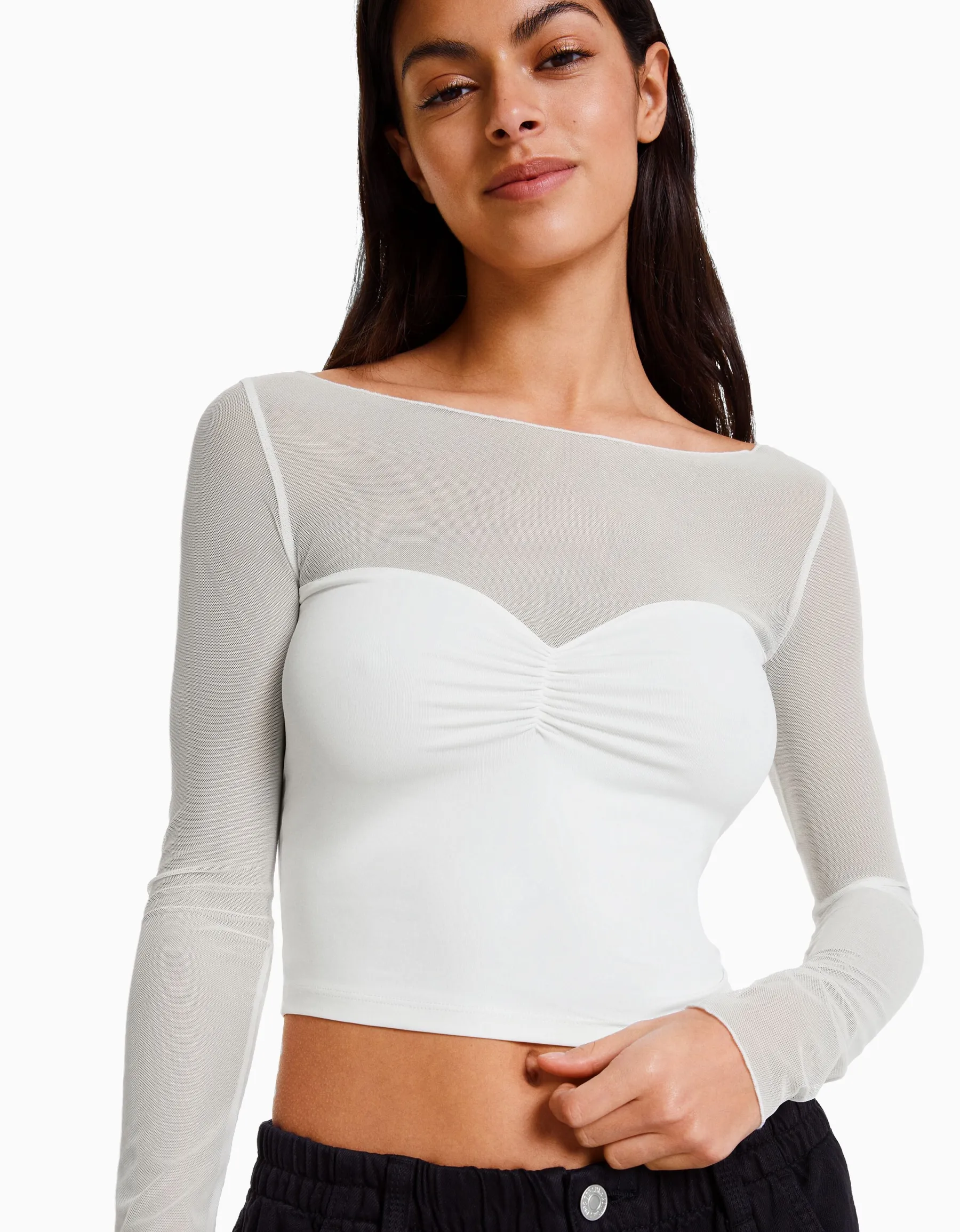 BERSHKA T-shirt manches longues cropped tissu contrastant Blanc Flash Sale