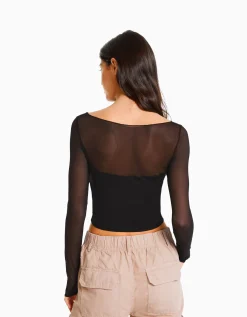 BERSHKA T-shirt manches longues cropped tissu contrastant Blanc Best