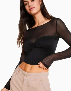 BERSHKA T-shirt manches longues cropped tissu contrastant Blanc Best