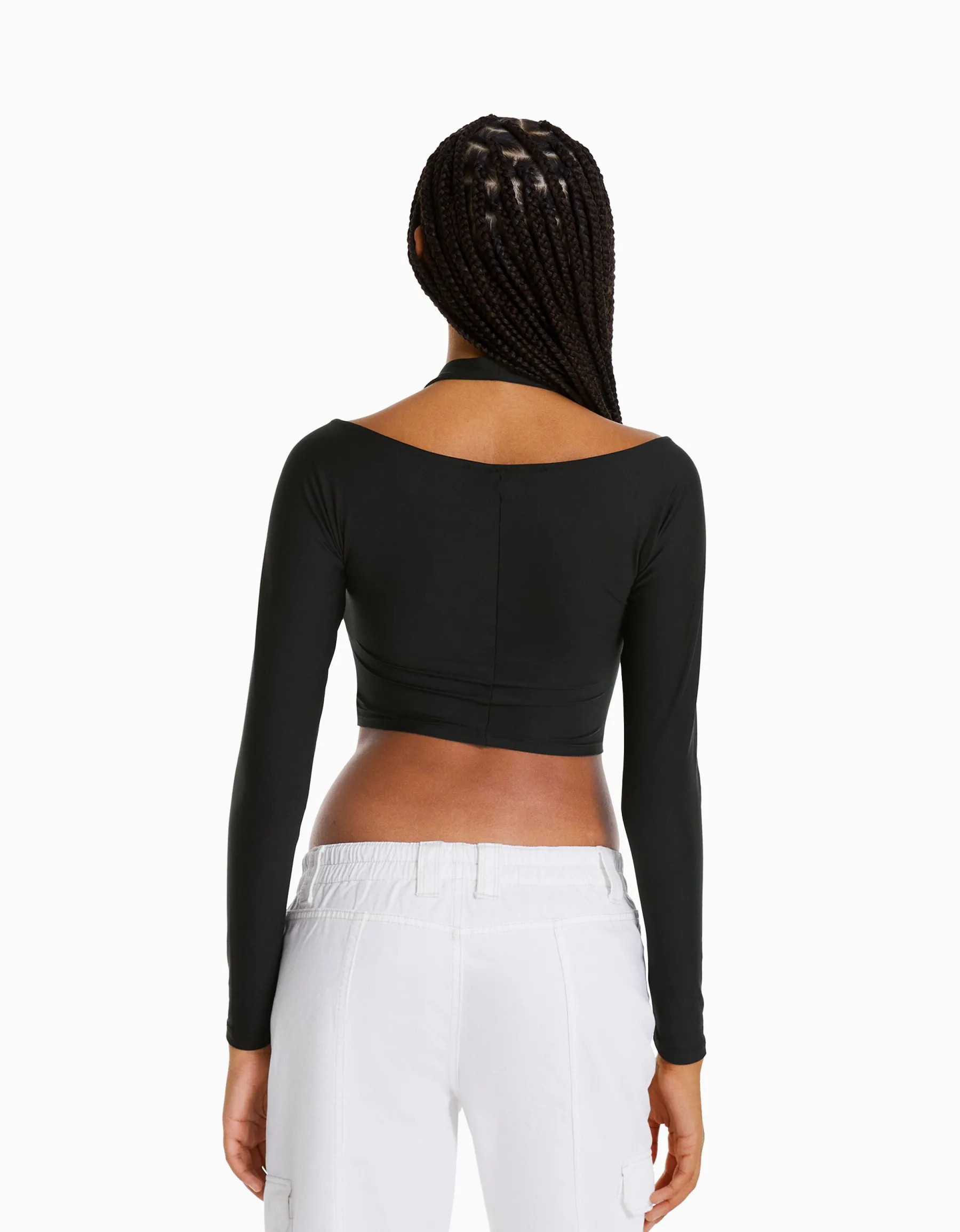 BERSHKA T-shirt manches longues détail encolure Blanc Best
