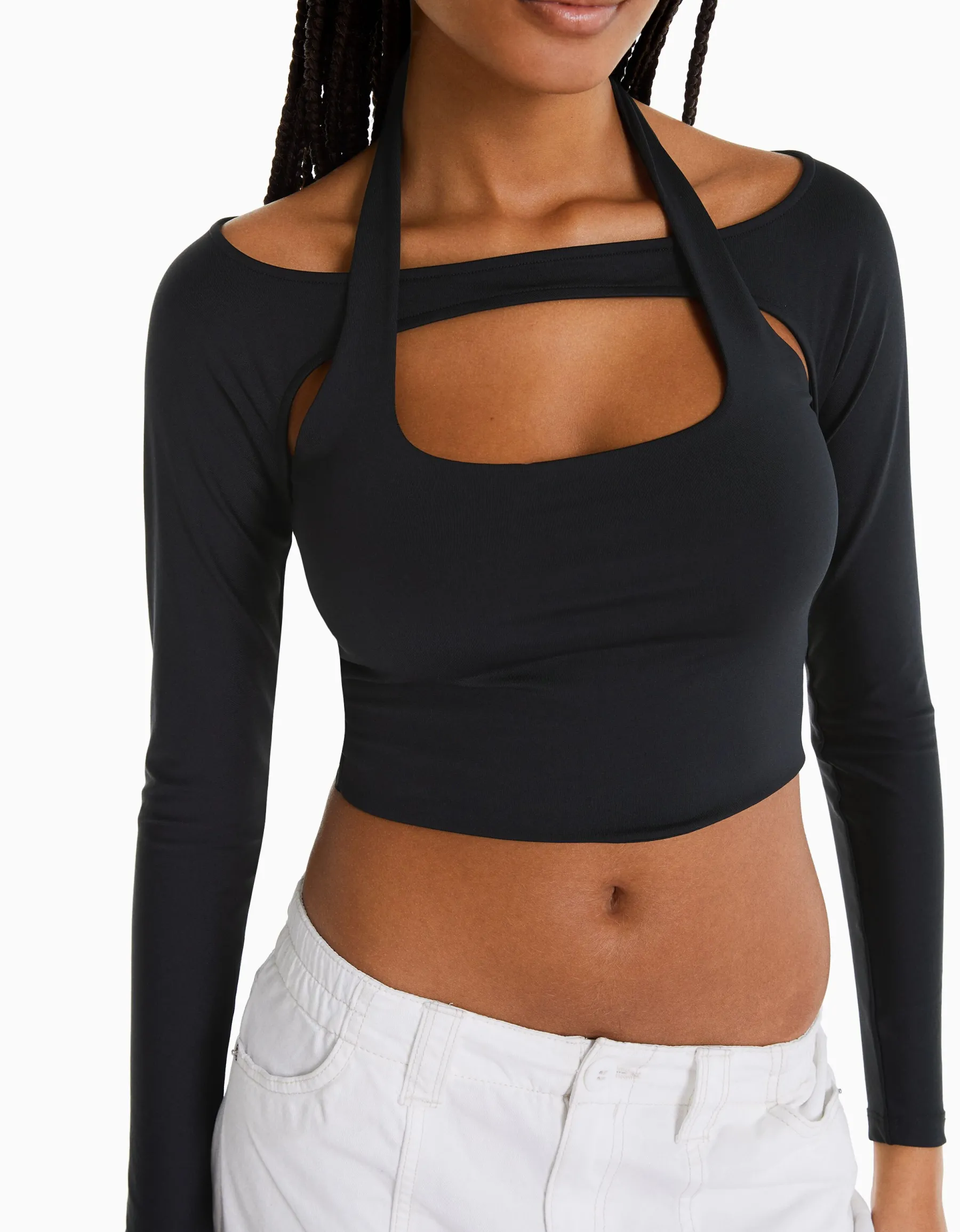 BERSHKA T-shirt manches longues détail encolure Blanc Best