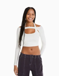 BERSHKA T-shirt manches longues détail encolure Blanc Outlet