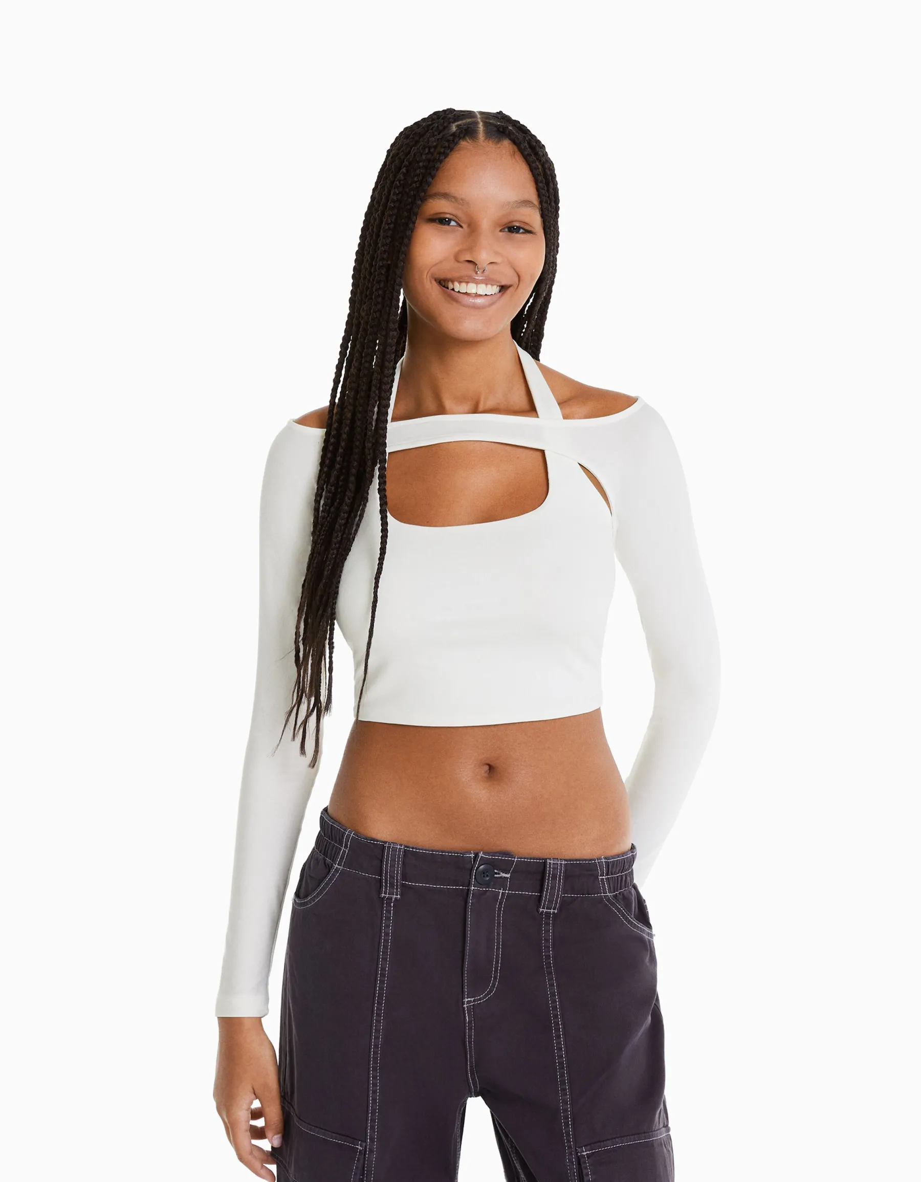 BERSHKA T-shirt manches longues détail encolure Blanc Outlet