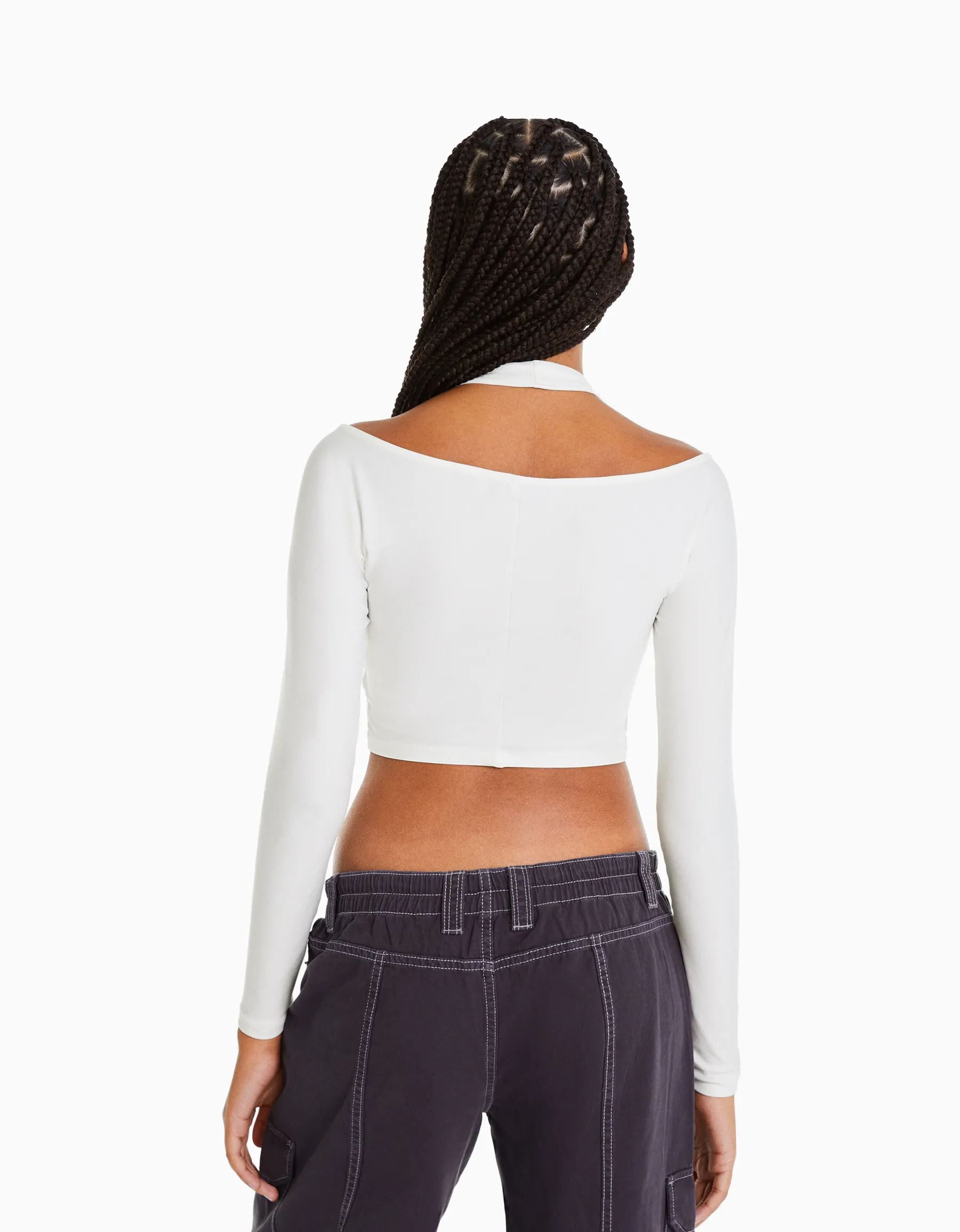 BERSHKA T-shirt manches longues détail encolure Blanc Outlet