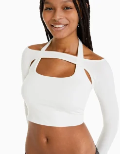 BERSHKA T-shirt manches longues détail encolure Blanc Outlet