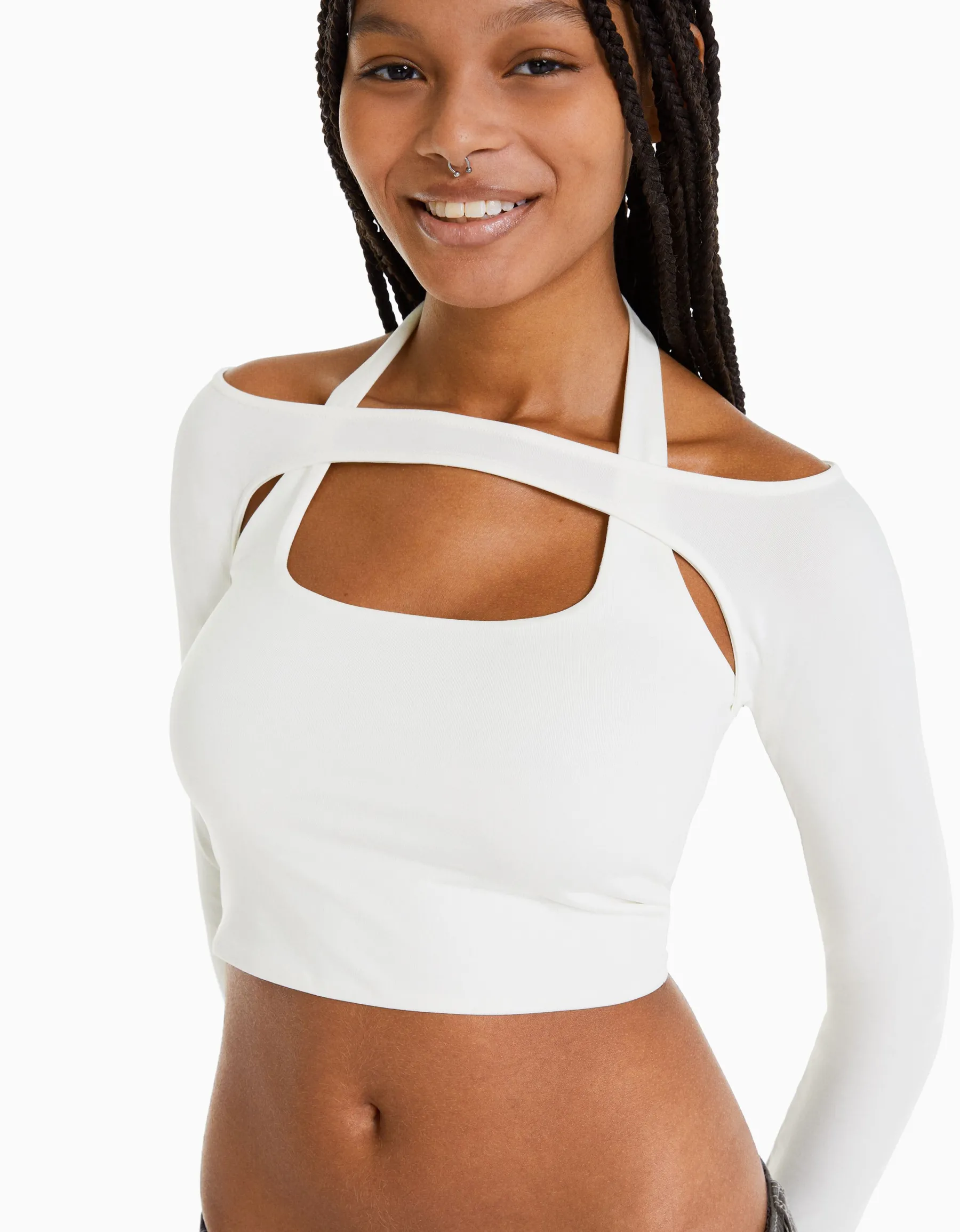 BERSHKA T-shirt manches longues détail encolure Blanc Outlet