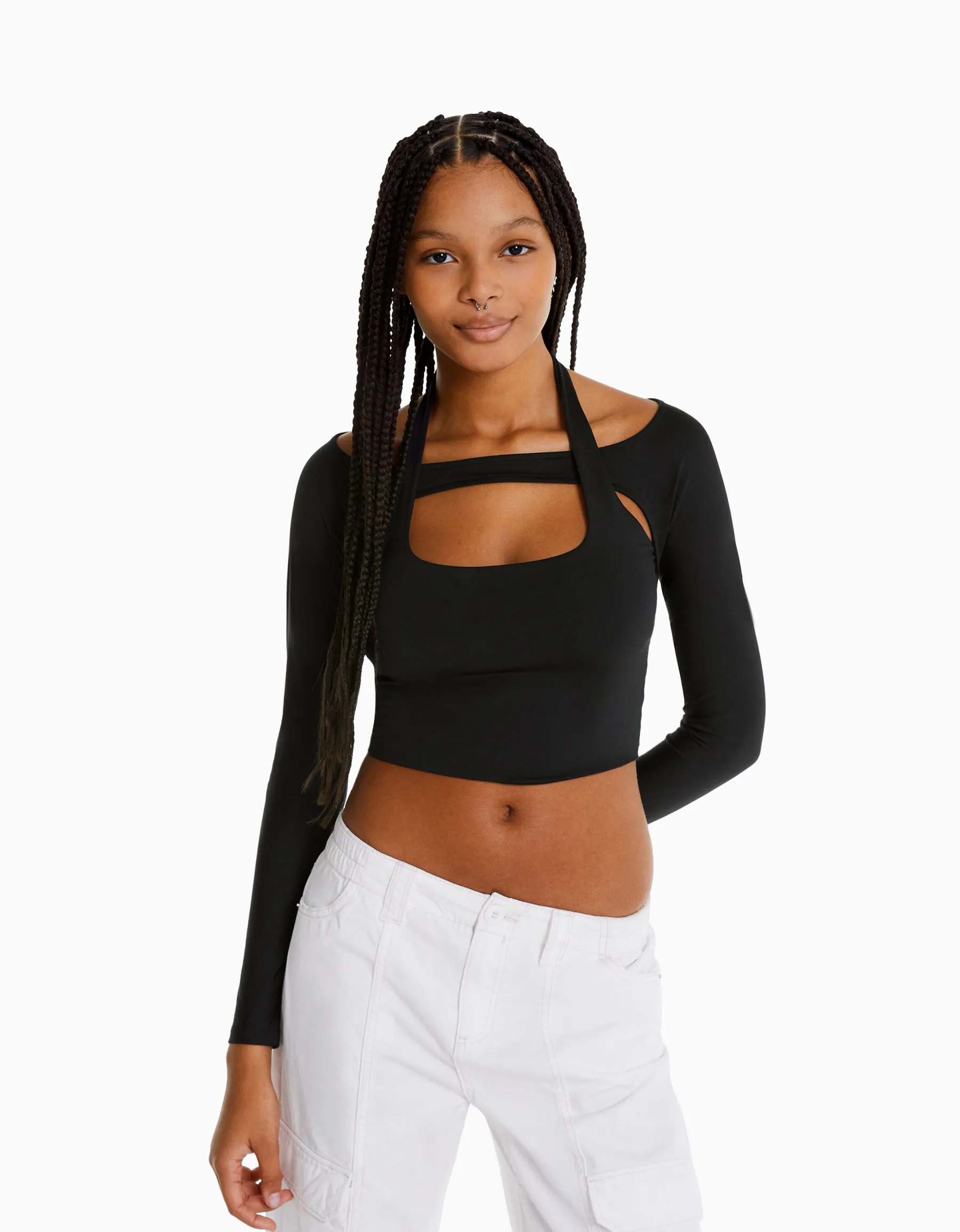 BERSHKA T-shirt manches longues détail encolure Blanc Flash Sale