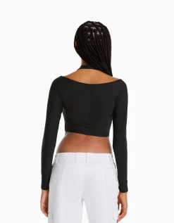 BERSHKA T-shirt manches longues détail encolure Blanc Flash Sale