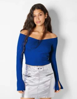 BERSHKA T-shirt manches longues encolure en V Bleu Best Sale