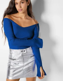 BERSHKA T-shirt manches longues encolure en V Bleu Best Sale