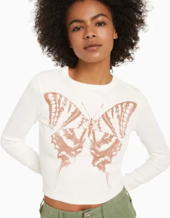 BERSHKA T-shirt manches longues imprimé Rouge Outlet