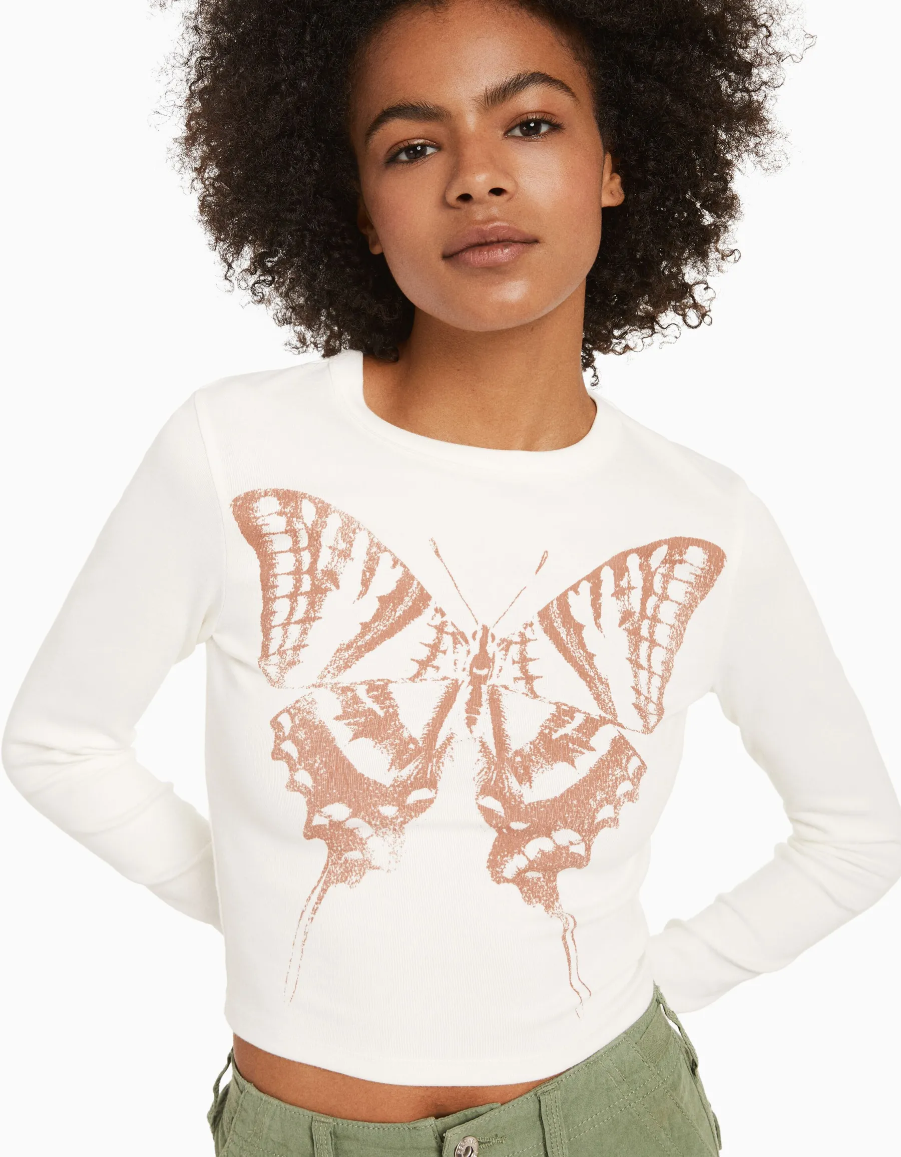 BERSHKA T-shirt manches longues imprimé Rouge Outlet