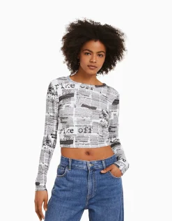 BERSHKA T-shirt manches longues imprimé Rouge Discount