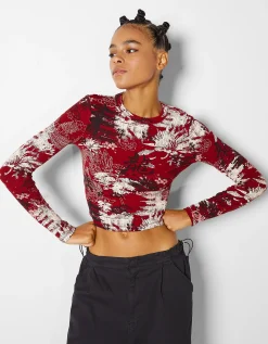 BERSHKA T-shirt manches longues imprimé Rouge Outlet