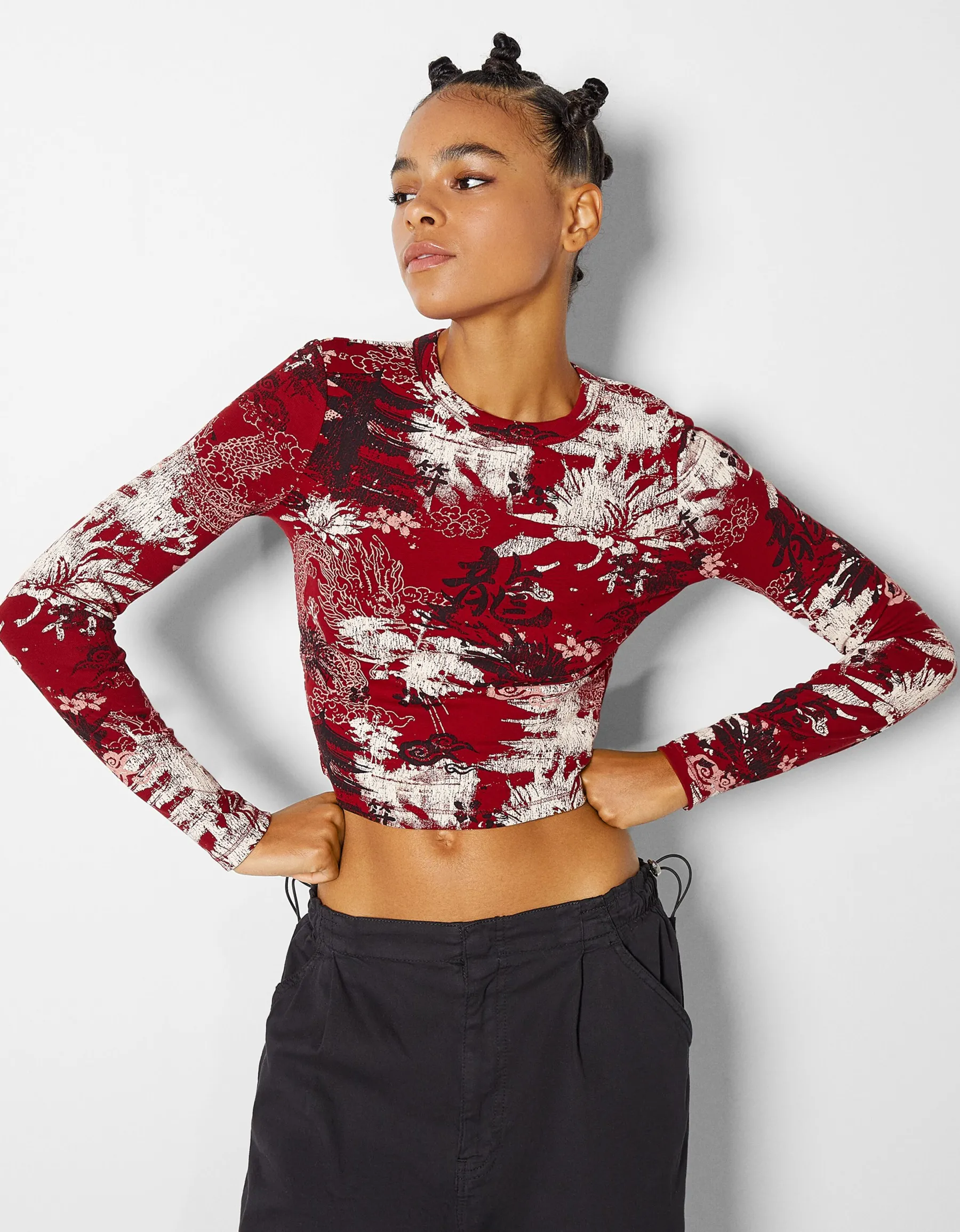BERSHKA T-shirt manches longues imprimé Rouge Outlet
