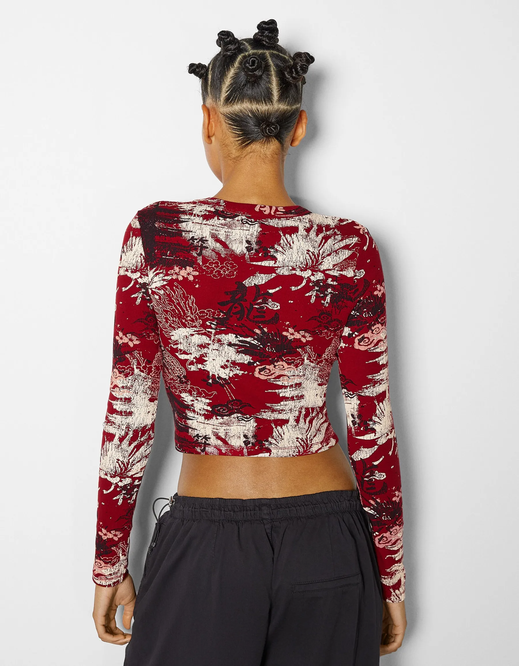 BERSHKA T-shirt manches longues imprimé Rouge Outlet