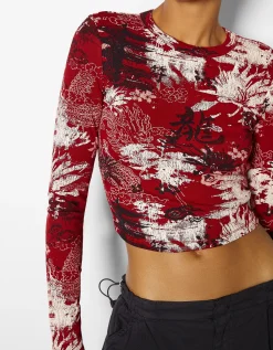 BERSHKA T-shirt manches longues imprimé Rouge Outlet