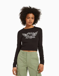 BERSHKA T-shirt manches longues imprimé Rouge Discount