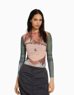 BERSHKA T-shirt manches longues imprimé TOKYO REVENGERS Rose New