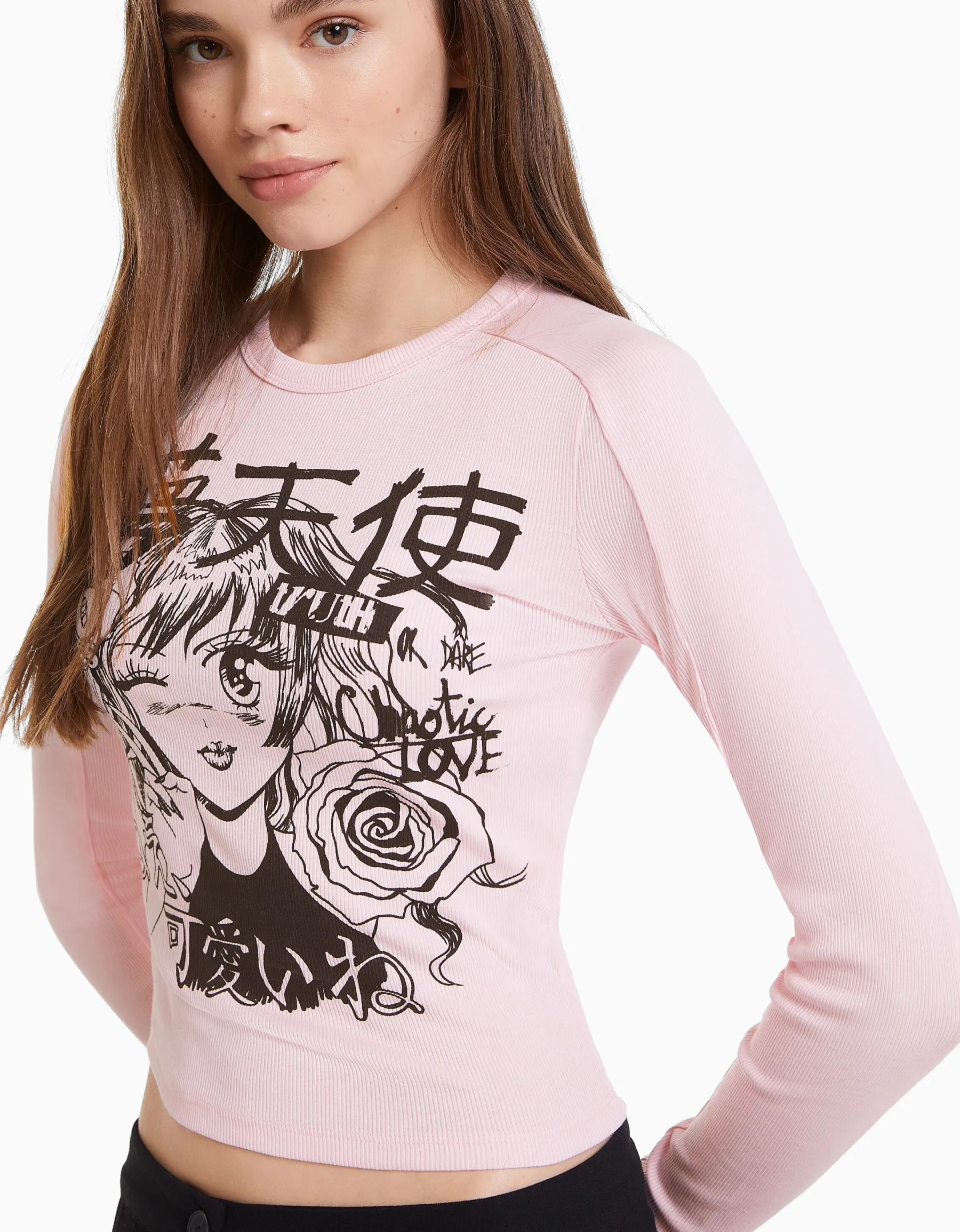 BERSHKA T-shirt manches longues imprimé anime Rose Online