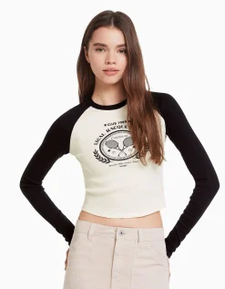BERSHKA T-shirt manches longues raglan Blanc / Noir Best