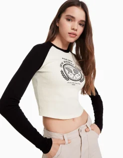 BERSHKA T-shirt manches longues raglan Blanc / Noir Best