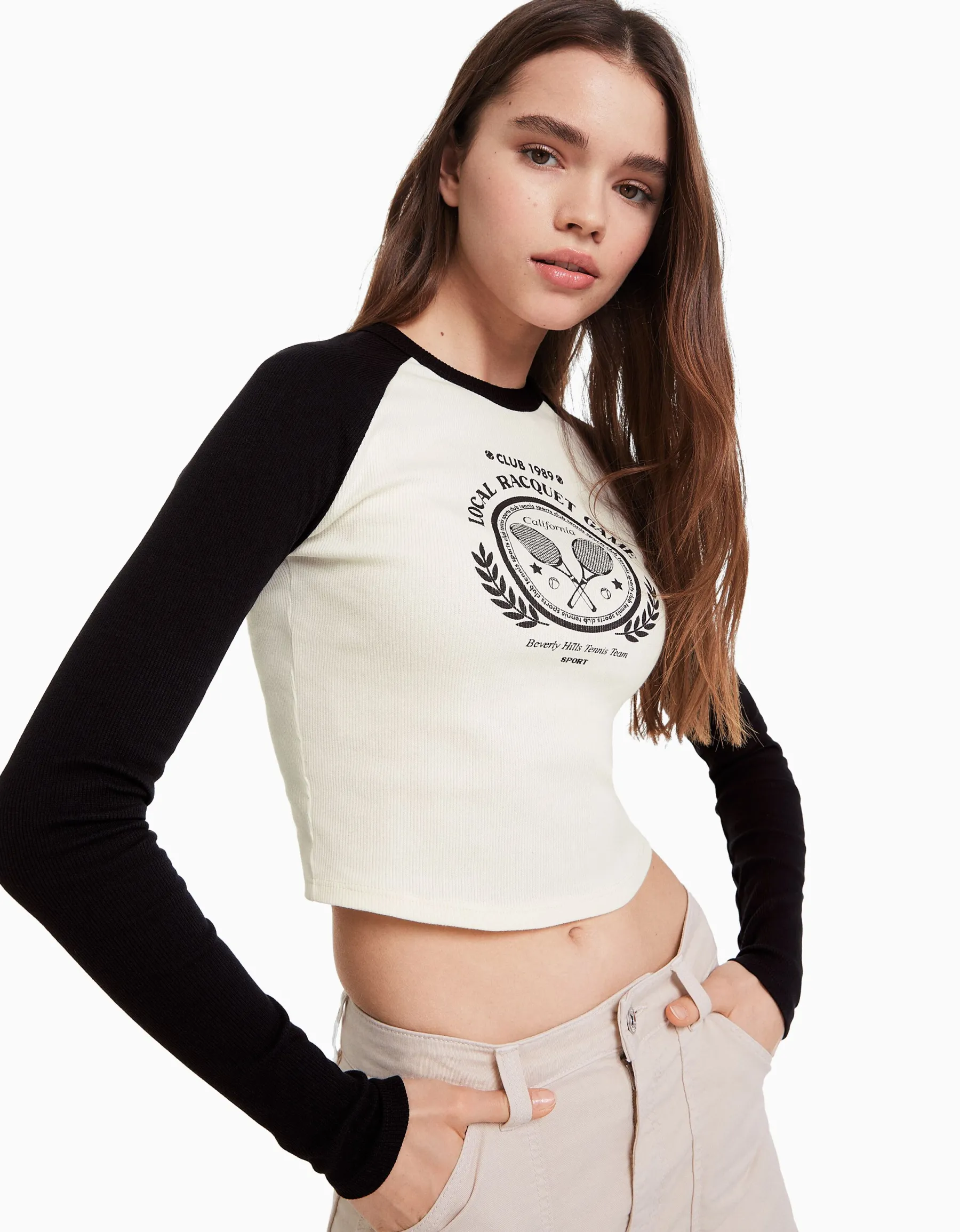 BERSHKA T-shirt manches longues raglan Blanc / Noir Cheap