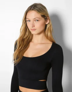 BERSHKA T-shirt manches longues seamless découpé sur le côté Noir Online
