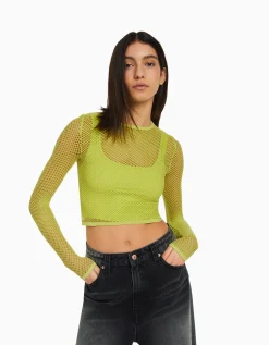 BERSHKA T-shirt manches longues seamless filet Lime Cheap