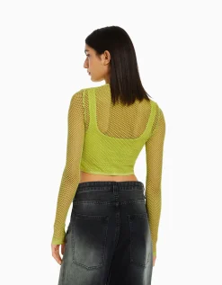 BERSHKA T-shirt manches longues seamless filet Lime Cheap