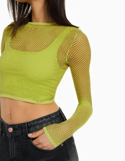 BERSHKA T-shirt manches longues seamless filet Lime Cheap