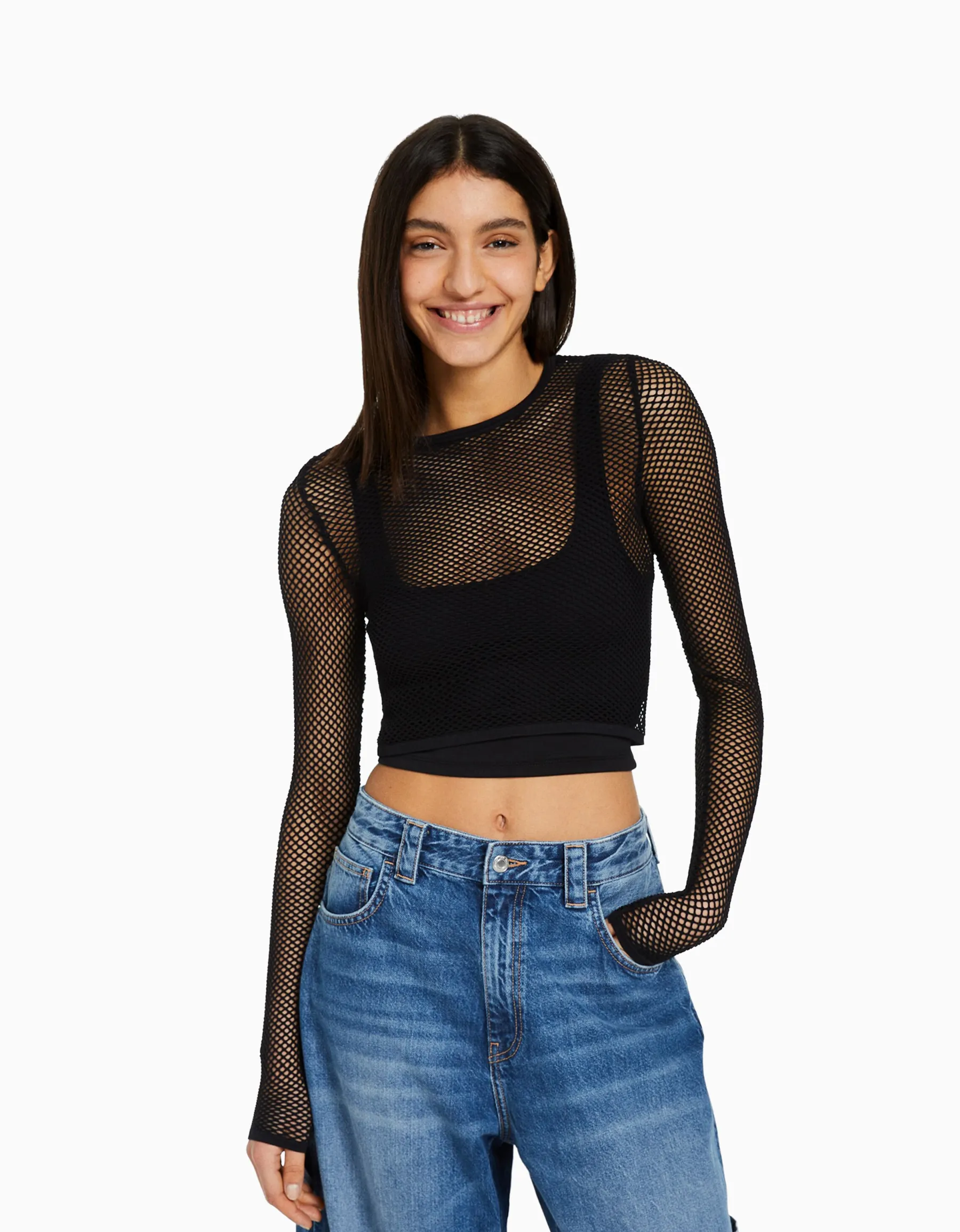 BERSHKA T-shirt manches longues seamless filet Lime Discount