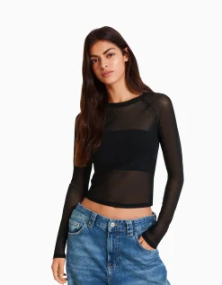 BERSHKA T-shirt manches longues tulle raglan Rose Sale