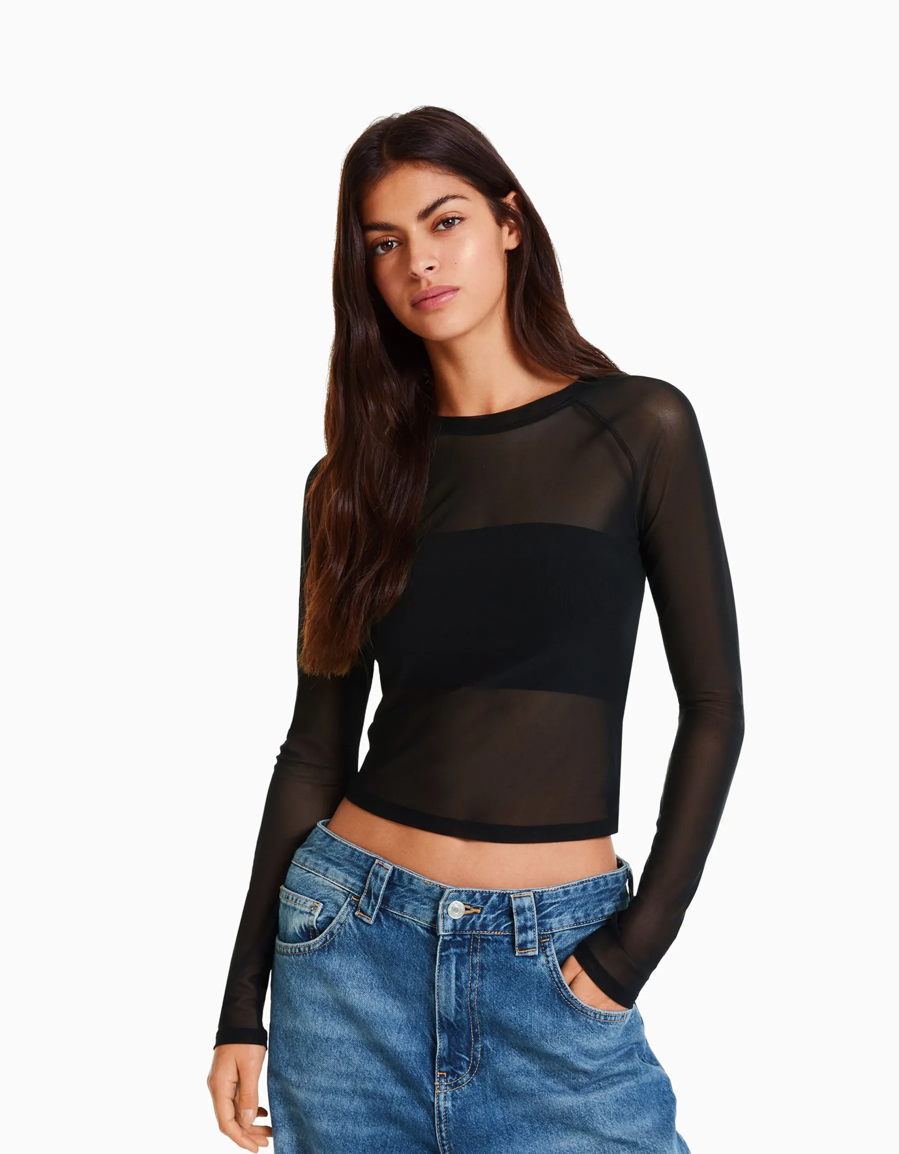 BERSHKA T-shirt manches longues tulle raglan Rose Sale