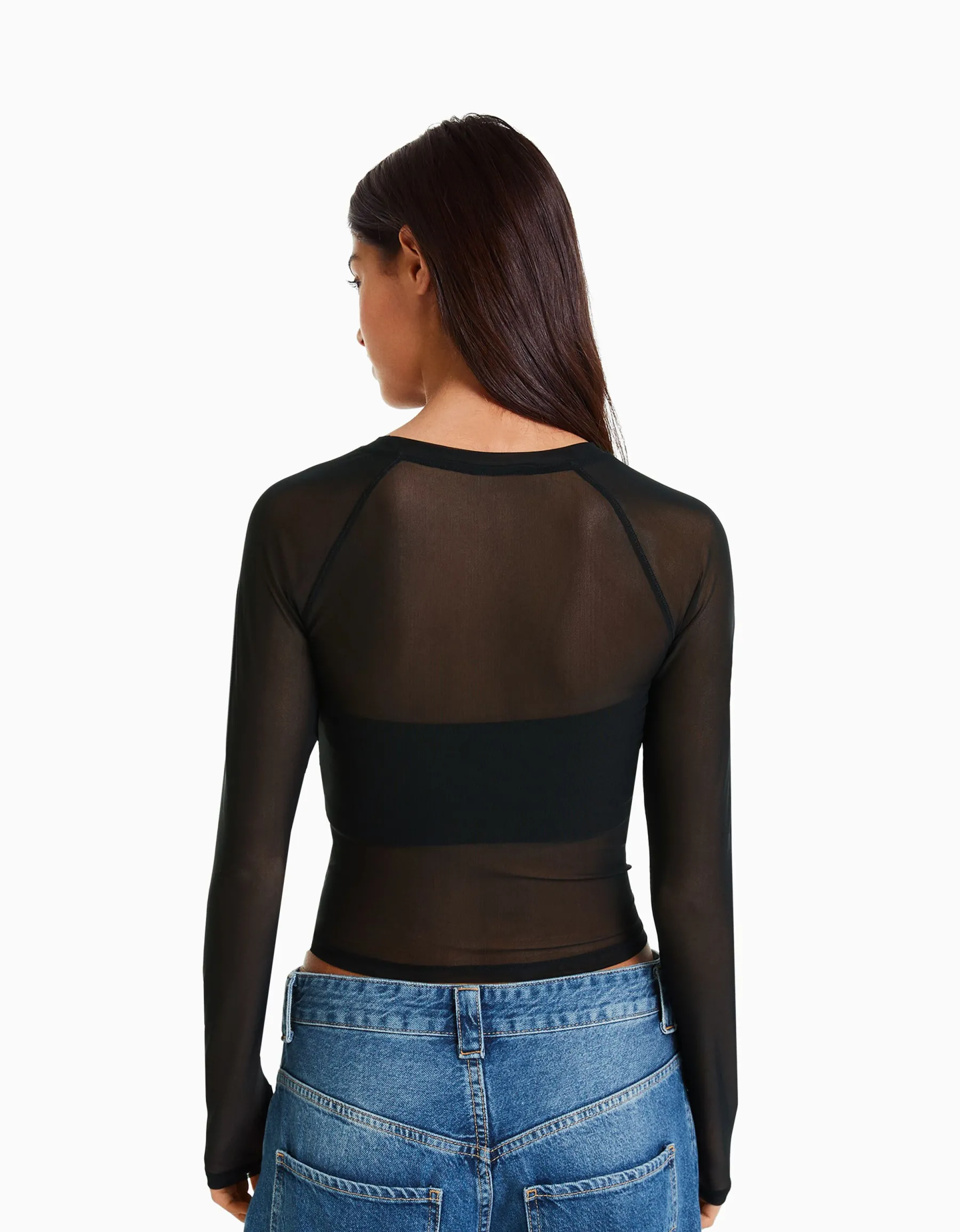 BERSHKA T-shirt manches longues tulle raglan Rose Sale
