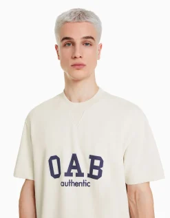 BERSHKA T-shirt molleton imprimé varsity Blanc cassé Cheap