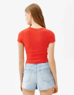 BERSHKA T-shirt moulant manches courtes Rouge Clearance