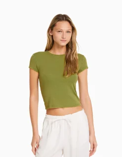 BERSHKA T-shirt moulant manches courtes Vert Shop