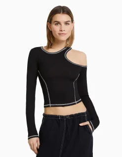 BERSHKA T-shirt moulant manches longues fil contraste Écru Best Sale