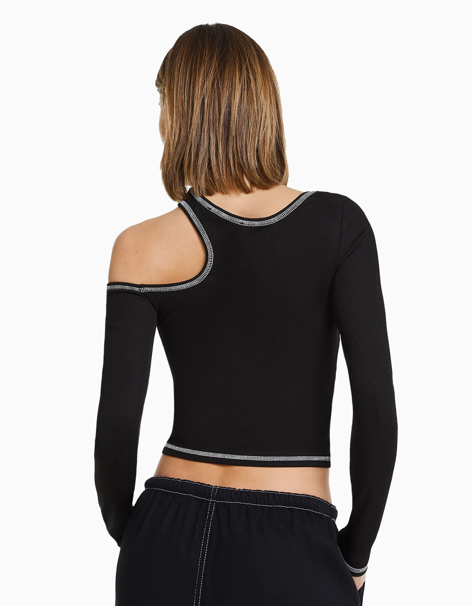 BERSHKA T-shirt moulant manches longues fil contraste Écru Best Sale