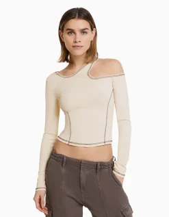 BERSHKA T-shirt moulant manches longues fil contraste Écru Best Sale