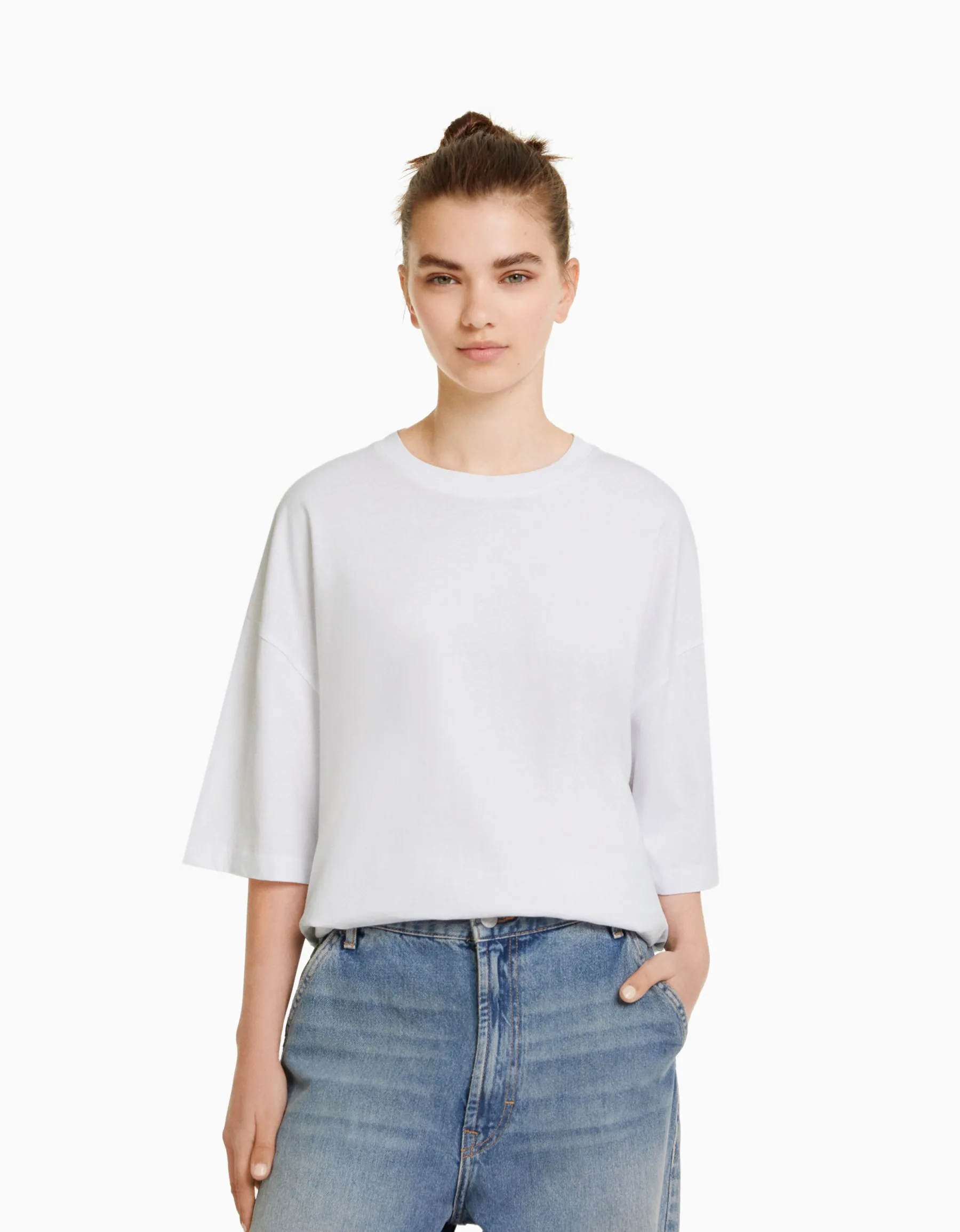 BERSHKA T-shirt oversize à manches courtes Blanc Fashion