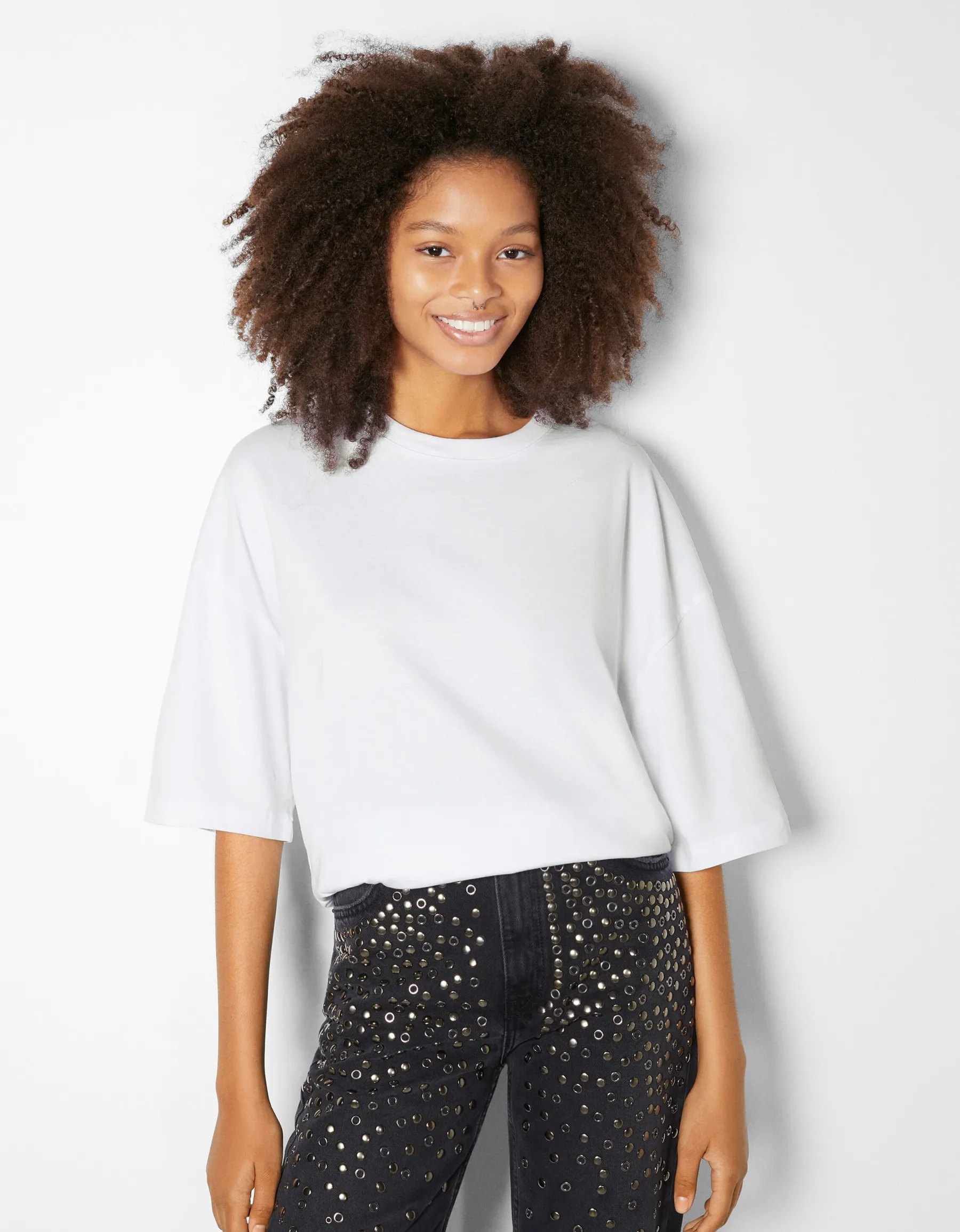 BERSHKA T-shirt oversize à manches courtes Blanc Hot