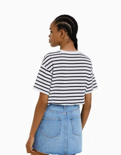 BERSHKA T-shirt oversize à manches courtes Marine Best