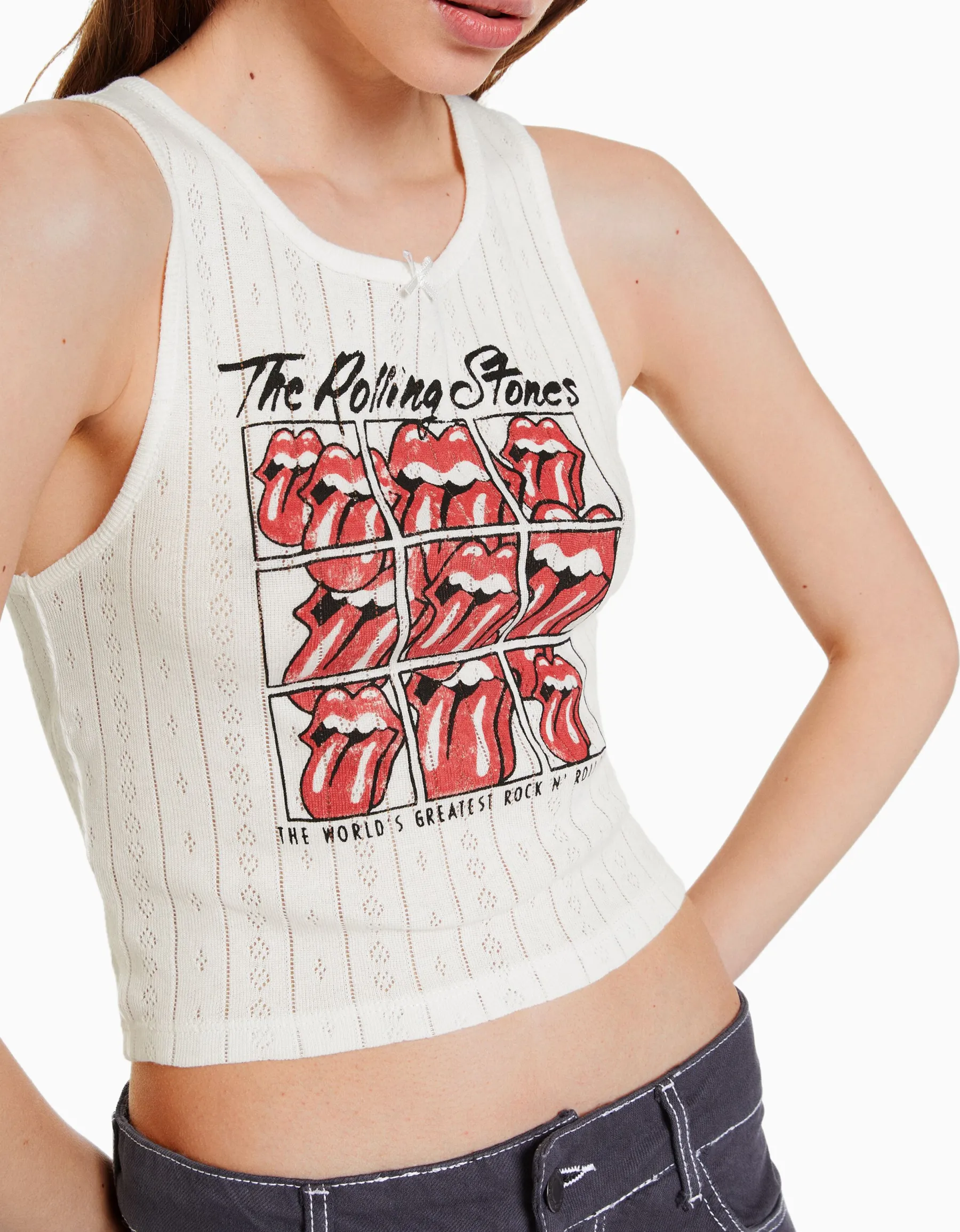 BERSHKA T-shirt sans manches maille pointelle imprimé The Rolling Stones Blanc New