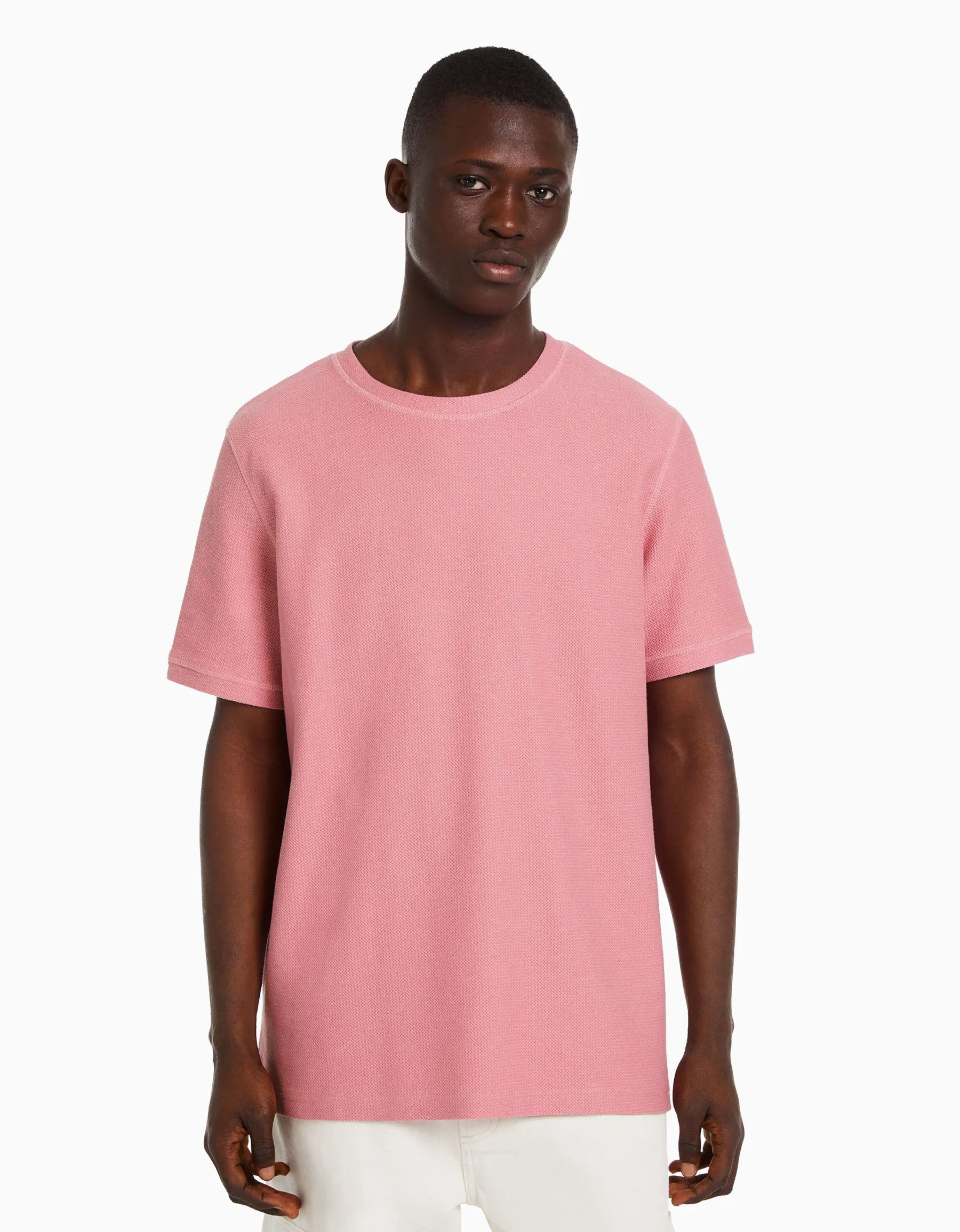BERSHKA T-shirt texturé à manches courtes Rose Cheap