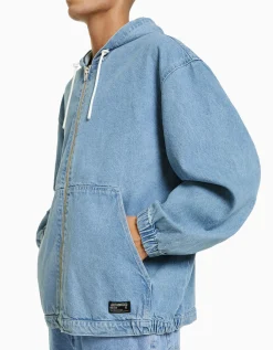 BERSHKA Veste en jean capuche Bleu clair Online