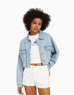 BERSHKA Veste en jean courte Bleu clair Fashion