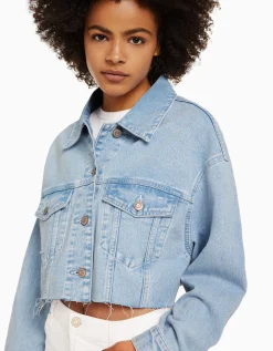 BERSHKA Veste en jean courte Bleu clair Fashion
