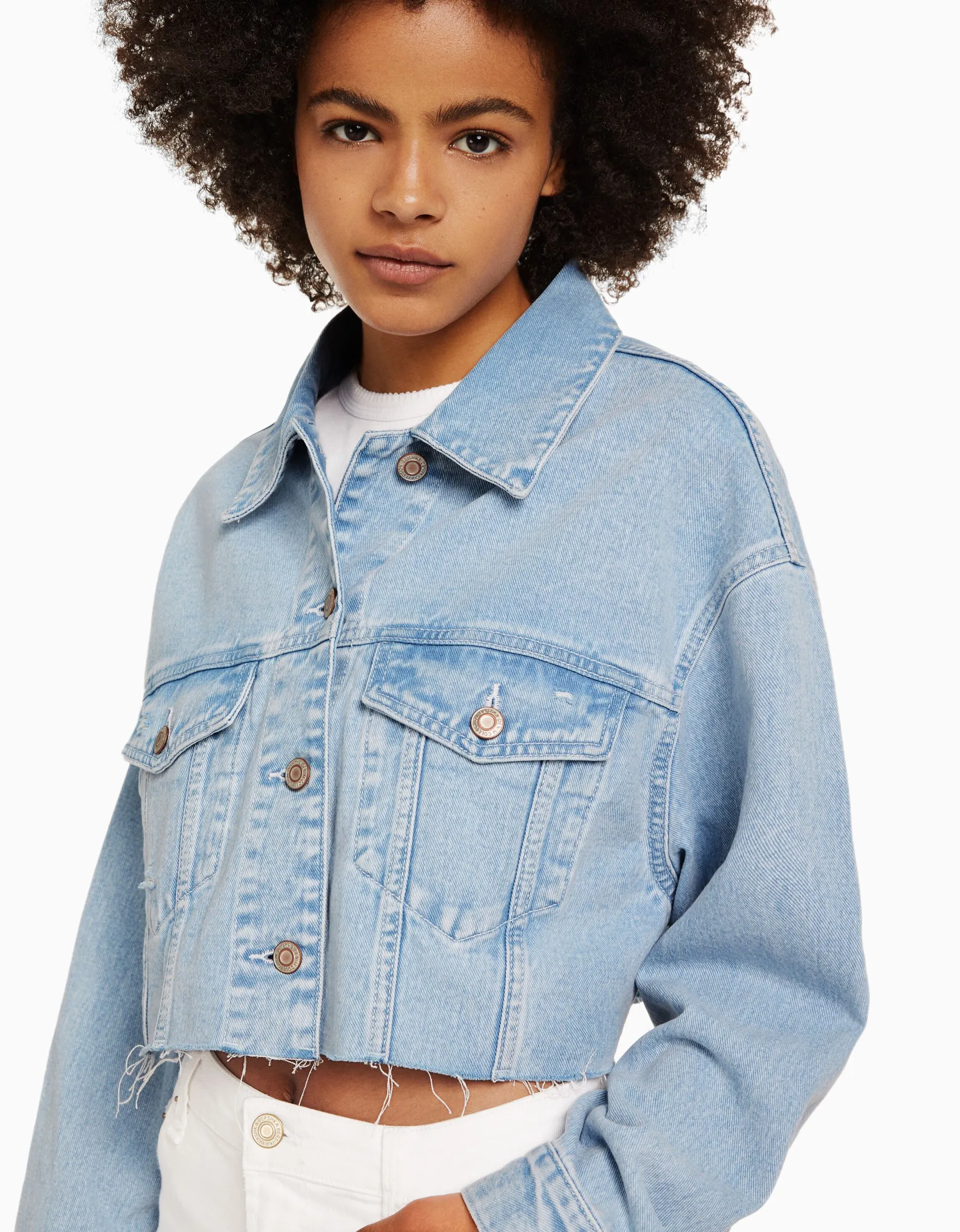 BERSHKA Veste en jean courte Bleu clair Fashion